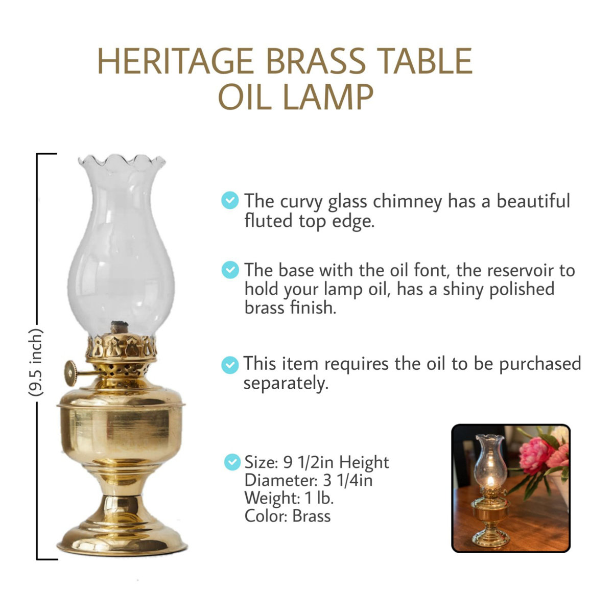 Serene Spaces Living Vintage Glass Oil Lamp, Brass Table Oil Lamp